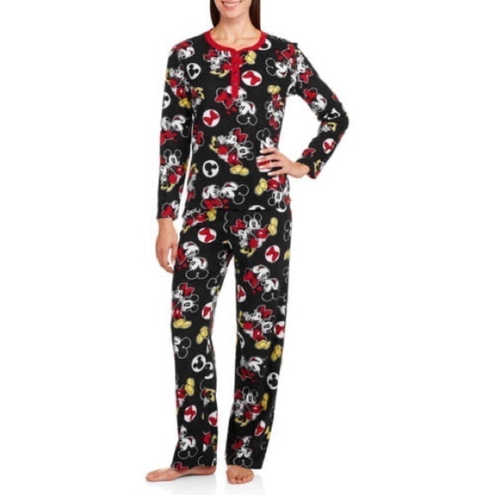 Disney Black Fleece Mickey & Minnie Mouse 2 Piece Pajama Lounge Sleepwear Set